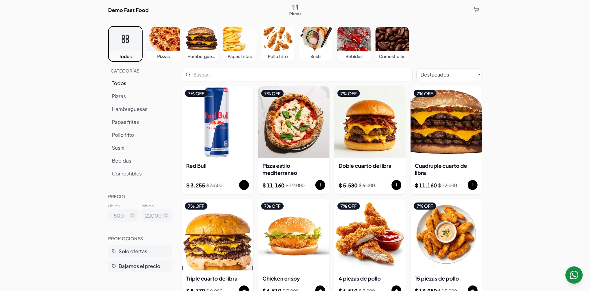 Demo de tienda online para un local de comidas rápidas, con menú por categorías
