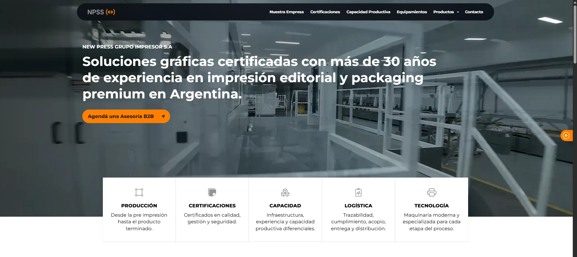 Inicio del sitio de New Press Grupo Impresor desarrollado por Blackout Colors: planta industrial y accesos a Producción, Certificaciones, Capacidad, Logística y Tecnología