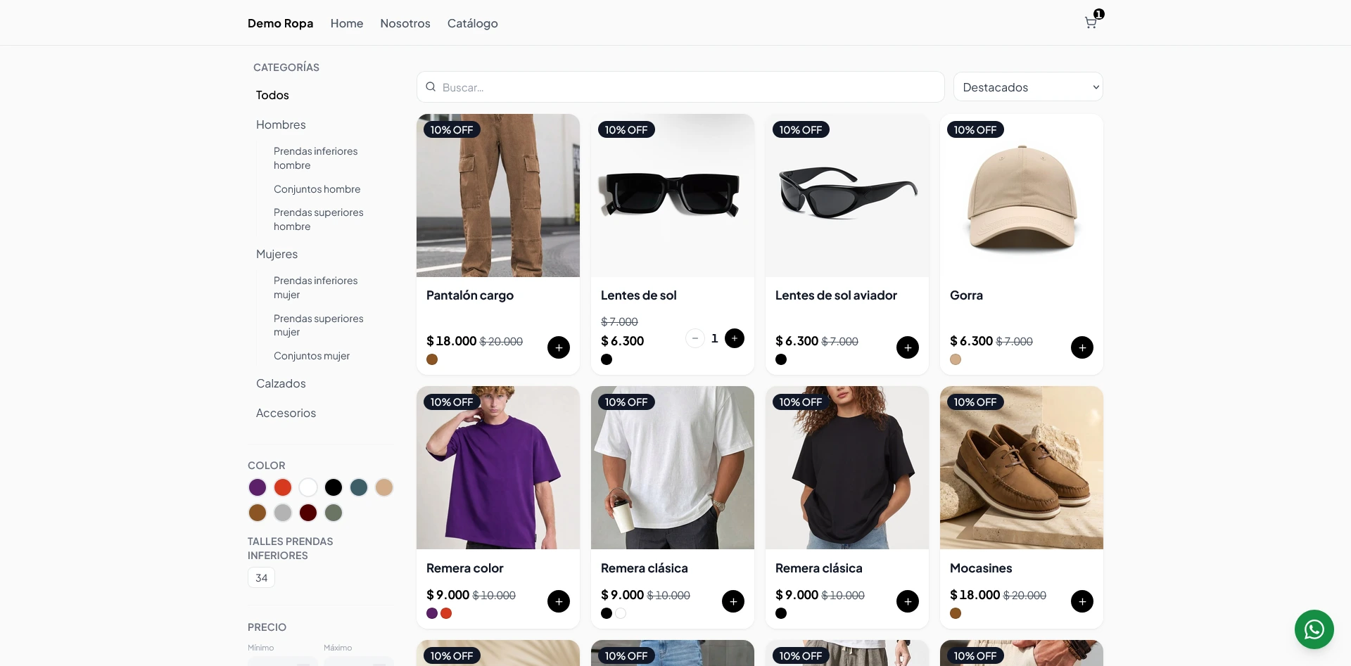 Demo de tienda online de indumentaria con categorías, colores y talles