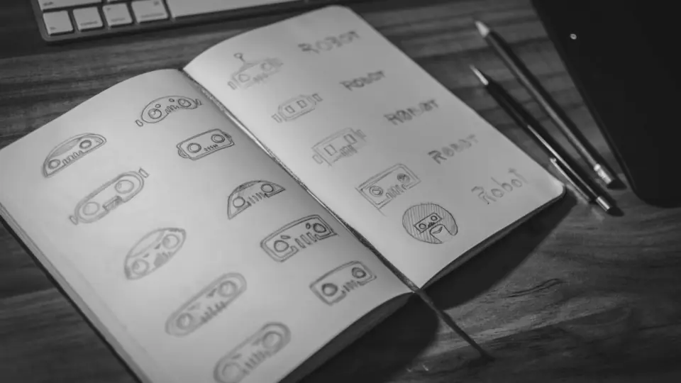 Cuaderno de bocetos abierto con dibujos de planificación